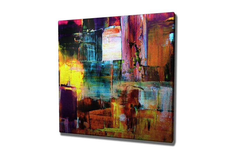 Canvastavla 45x45 cm - Färgrik abstrakt komposition med geometriska former, Lila / Gult / Orange