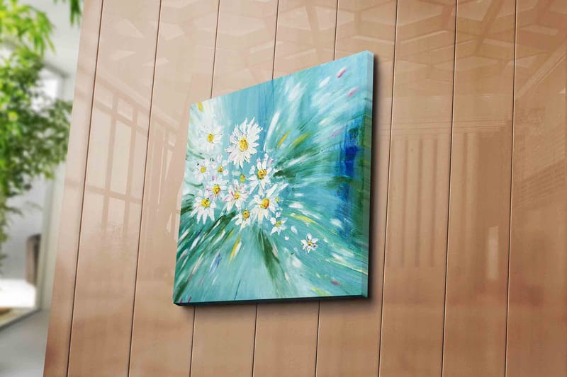 Canvastavla 45x45 cm - Färgrik bukett av prästkragar i en dynamisk komposition - Ljusblå / Vit / Gul - Inredning & dekor - Tavlor & konst - Canvastavla