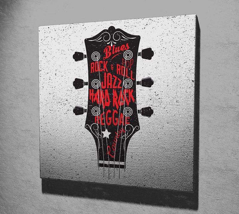 Canvastavla 45x45 cm - Gitarrhuvud med musikgenrer i fokus - Svart / Röd / Vit - Inredning & dekor - Tavlor & konst - Canvastavla