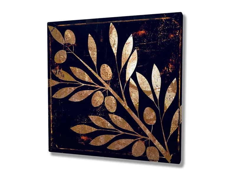 Canvastavla 45x45 cm - Gyllene växtmotiv med blad och bär på mörk bakgrund - Guld / Mörkblå - Inredning & dekor - Tavlor & konst - Canvastavla