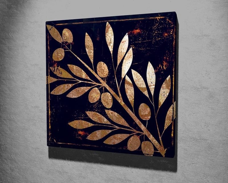 Canvastavla 45x45 cm - Gyllene växtmotiv med blad och bär på mörk bakgrund - Guld / Mörkblå - Inredning & dekor - Tavlor & konst - Canvastavla