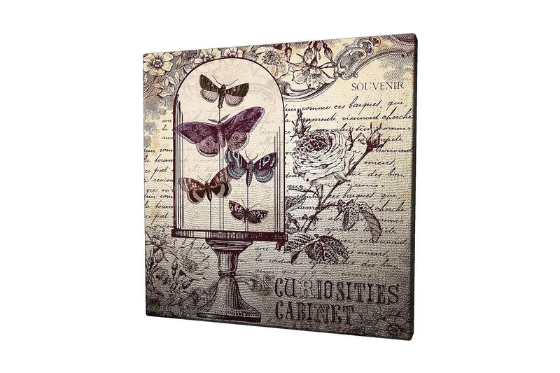 Canvastavla 45x45 cm - Insekter i en glaskupa med blommor och handskriven text i bakgrunden - Lila / Grå / Beige - Inredning & dekor - Tavlor & konst - Canvastavla