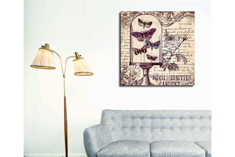 Canvastavla 45x45 cm - Insekter i en glaskupa med blommor och handskriven text i bakgrunden - Lila / Grå / Beige - Inredning & dekor - Tavlor & konst - Canvastavla