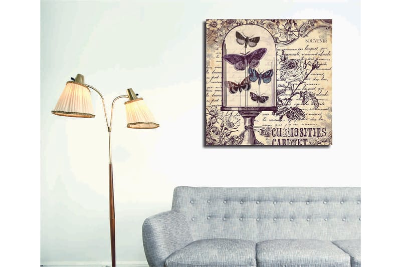Canvastavla 45x45 cm - Insekter i en glaskupa med blommor och handskriven text i bakgrunden - Lila / Grå / Beige - Inredning & dekor - Tavlor & konst - Canvastavla
