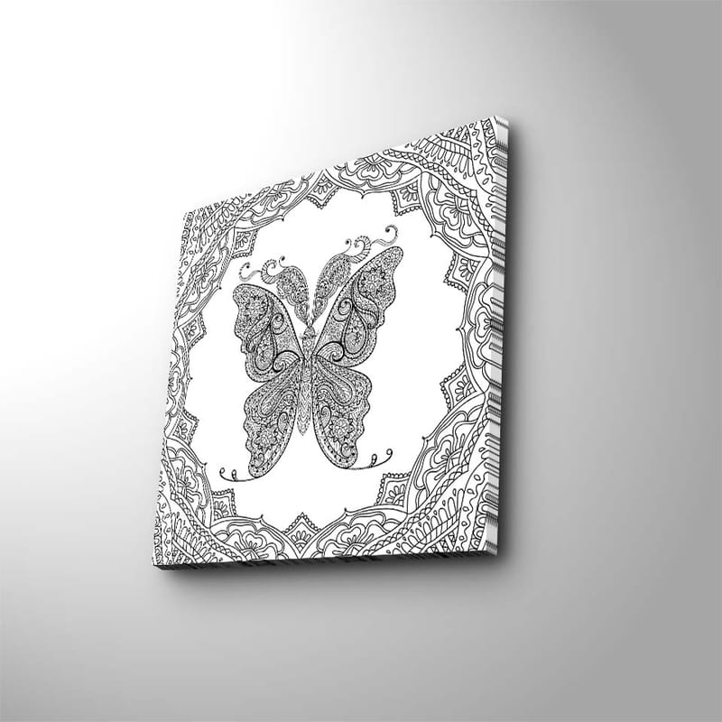 Canvastavla 45x45 cm - Intrikat mönster av en fjäril omgiven av dekorativa detaljer - Svart / Vitt - Inredning & dekor - Tavlor & konst - Canvastavla