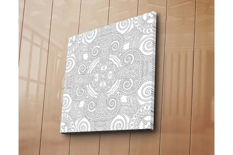 Canvastavla 45x45 cm - Intrikat mönster med svängda linjer och spiraler, Vit / Svart