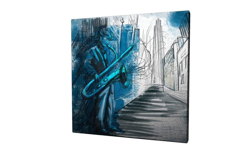 Canvastavla 45x45 cm - Jazzmusiker som spelar saxofon i en stadsmiljö - Blå / Grön / Svart - Inredning & dekor - Tavlor & konst - Canvastavla