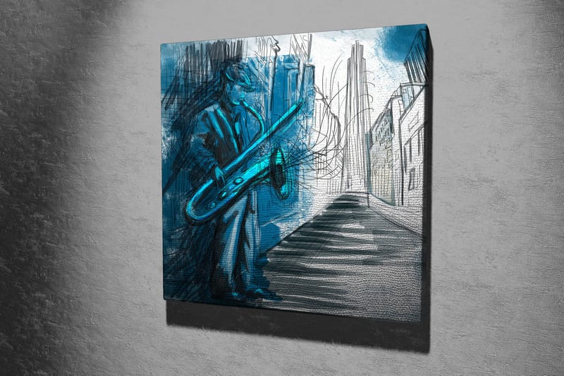 Canvastavla 45x45 cm - Jazzmusiker som spelar saxofon i en stadsmiljö - Blå / Grön / Svart - Inredning & dekor - Tavlor & konst - Canvastavla