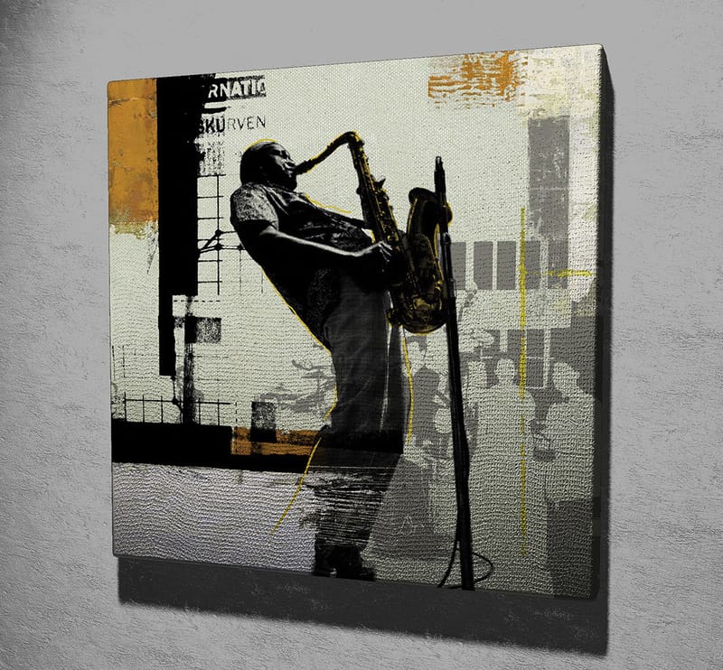 Canvastavla 45x45 cm - Jazzmusiker som spelar saxofon i en urban miljö - Svart / Gult / Grått - Inredning & dekor - Tavlor & konst - Canvastavla