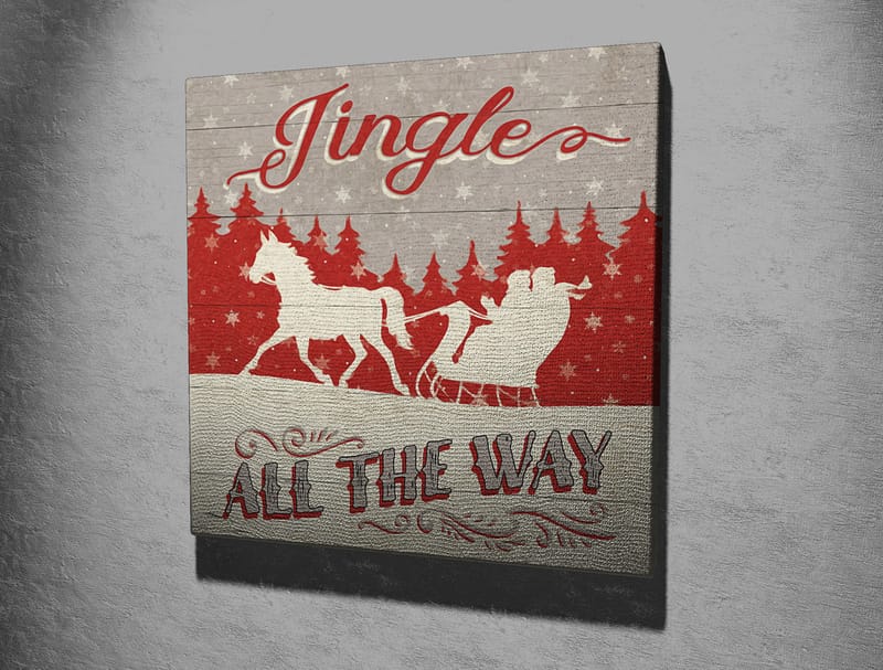 Canvastavla 45x45 cm - Julmotiv med renar och släde i snölandskap - Röd / Grå / Vit - Inredning & dekor - Tavlor & konst - Canvastavla