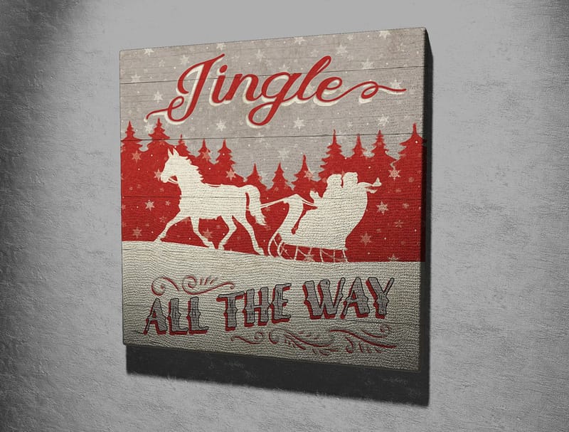 Canvastavla 45x45 cm - Julmotiv med renar och släde i snölandskap - Röd / Grå / Vit - Inredning & dekor - Tavlor & konst - Canvastavla