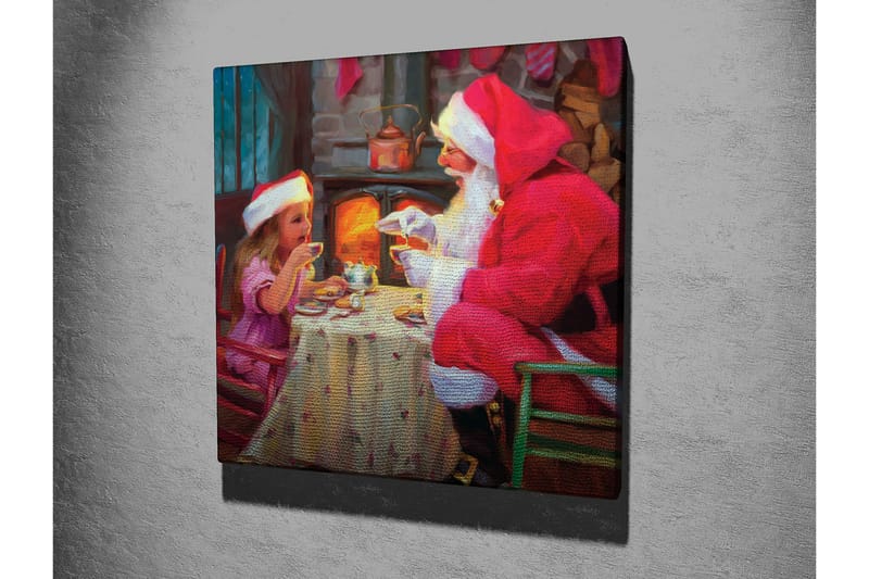 Canvastavla 45x45 cm - Julstämning med jultomte och barn som delar en kopp varm choklad - Röd / Beige / Grön - Inredning & dekor - Tavlor & konst - Canvastavla