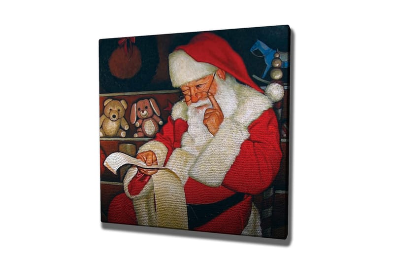 Canvastavla 45x45 cm - Jultomte som läser en lista med leksaker i en mysig miljö - Röd / Vit / Brun - Inredning & dekor - Tavlor & konst - Canvastavla