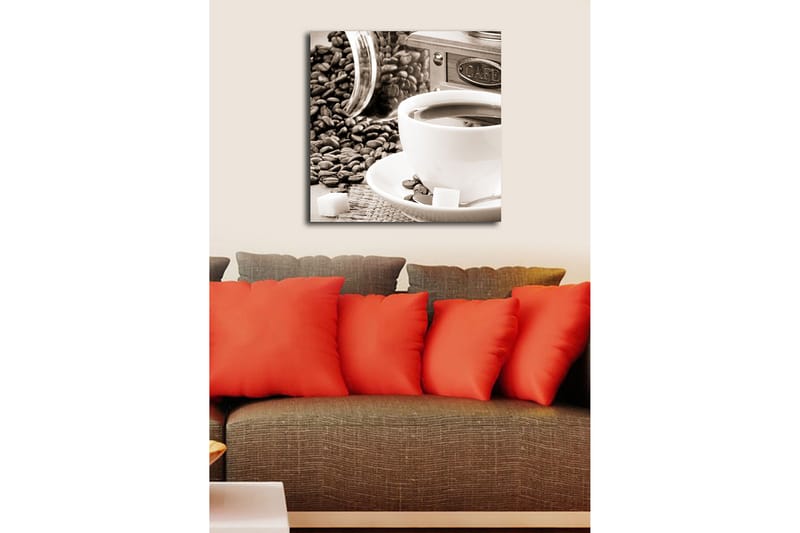 Canvastavla 45x45 cm - Kopp med kaffe omgiven av kaffebönor och sockerbitar - Brun / Vit / Grå - Inredning & dekor - Tavlor & konst - Canvastavla