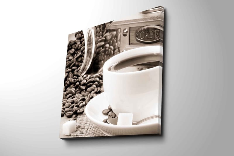 Canvastavla 45x45 cm - Kopp med kaffe omgiven av kaffebönor och sockerbitar - Brun / Vit / Grå - Inredning & dekor - Tavlor & konst - Canvastavla