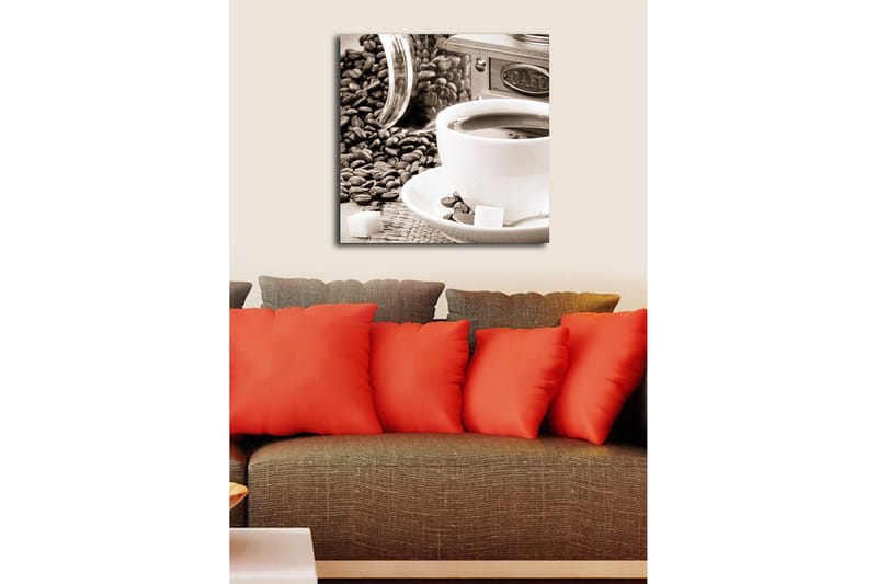 Canvastavla 45x45 cm - Kopp med kaffe omgiven av kaffebönor och sockerbitar - Brun / Vit / Grå - Inredning & dekor - Tavlor & konst - Canvastavla