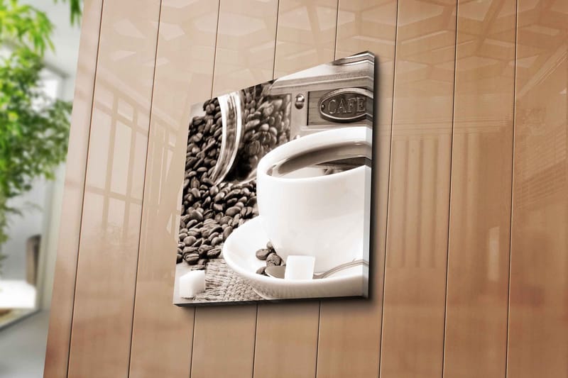 Canvastavla 45x45 cm - Kopp med kaffe omgiven av kaffebönor och sockerbitar - Brun / Vit / Grå - Inredning & dekor - Tavlor & konst - Canvastavla