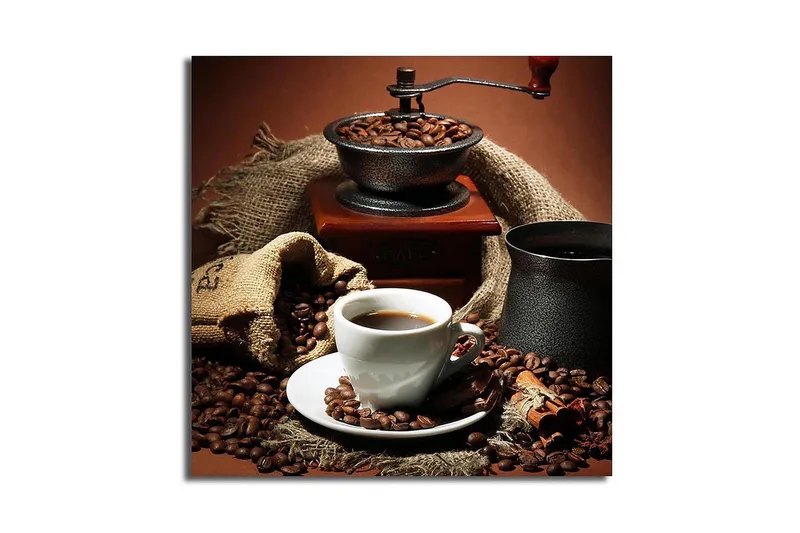 Canvastavla 45x45 cm - Kopp med nybryggt kaffe omgiven av kaffebönor och en kaffekvarn, Mörkbrun / Svart / Beige