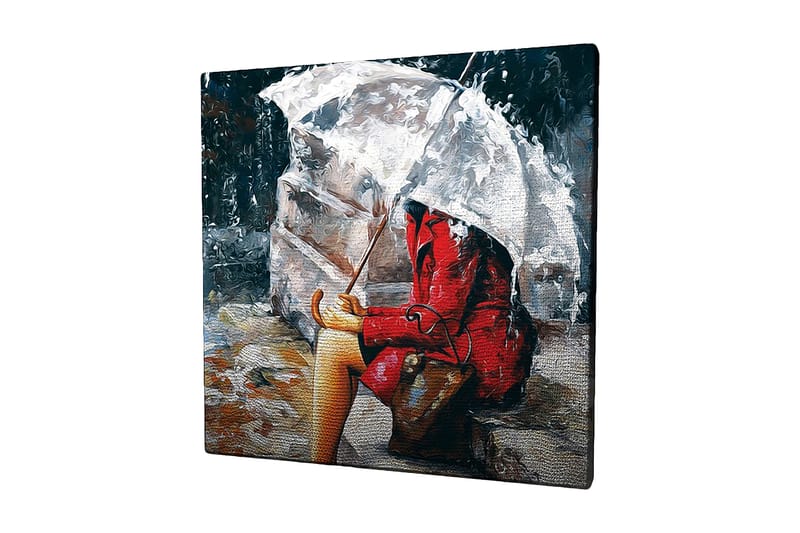 Canvastavla 45x45 cm - Kvinna i röd kappa som sitter under ett paraply i regnet - Röd / Grå / Beige - Inredning & dekor - Tavlor & konst - Canvastavla