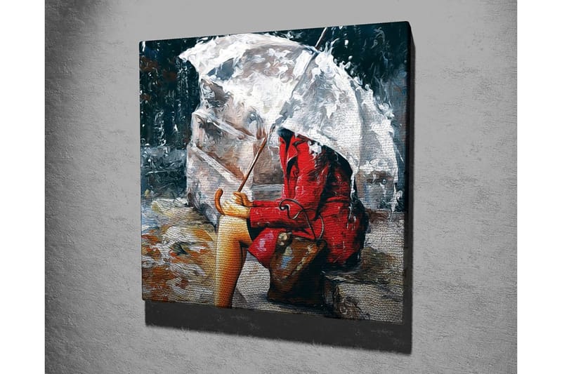 Canvastavla 45x45 cm - Kvinna i röd kappa som sitter under ett paraply i regnet - Röd / Grå / Beige - Inredning & dekor - Tavlor & konst - Canvastavla