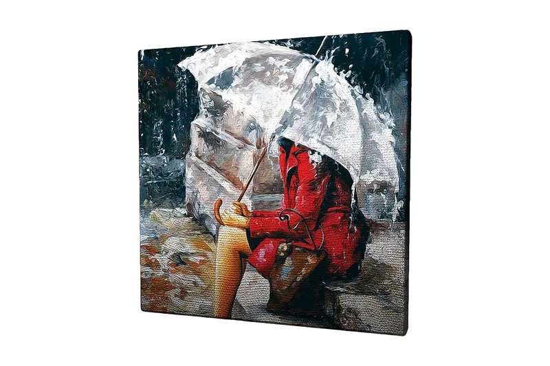 Canvastavla 45x45 cm - Kvinna i röd kappa som sitter under ett paraply i regnet - Röd / Grå / Beige - Inredning & dekor - Tavlor & konst - Canvastavla