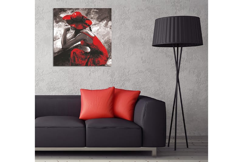 Canvastavla 45x45 cm - Kvinnlig figur i röd klänning och hatt som sitter eftertänksamt - Röd / Svart / Grå - Inredning & dekor - Tavlor & konst - Canvastavla