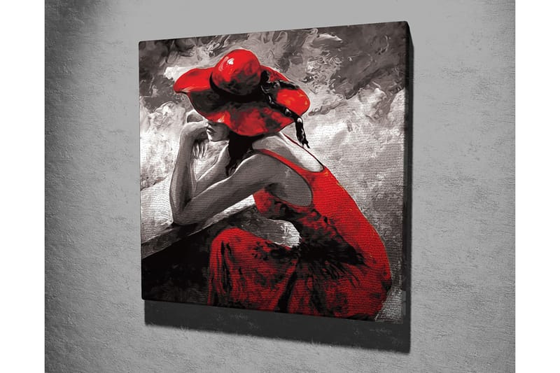 Canvastavla 45x45 cm - Kvinnlig figur i röd klänning och hatt som sitter eftertänksamt - Röd / Svart / Grå - Inredning & dekor - Tavlor & konst - Canvastavla