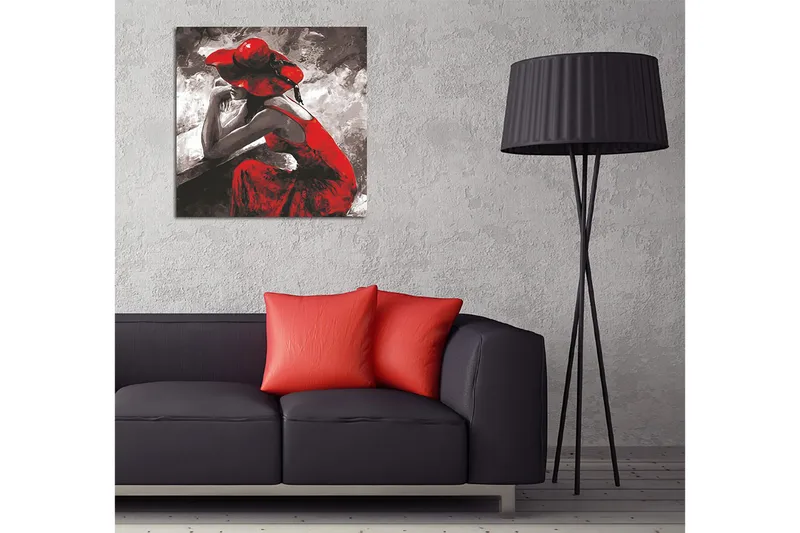 Canvastavla 45x45 cm - Kvinnlig figur i röd klänning och hatt som sitter eftertänksamt - Röd / Svart / Grå - Inredning & dekor - Tavlor & konst - Canvastavla