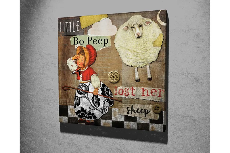 Canvastavla 45x45 cm - Lekfull scen med en flicka som letar efter sina får - Beige / Svart / Röd - Inredning & dekor - Tavlor & konst - Canvastavla