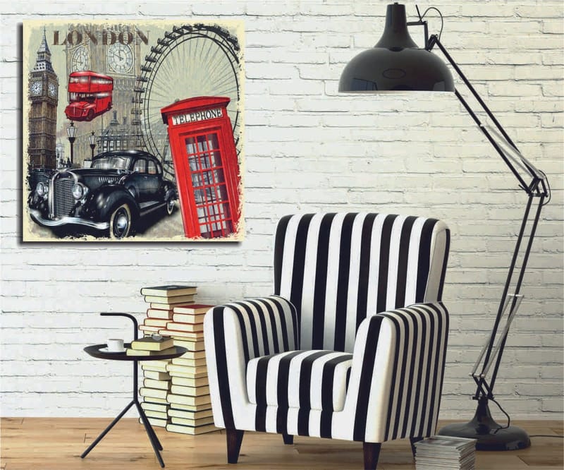 Canvastavla 45x45 cm - London-inspirerad stadsscen med en röd telefonkiosk och en klassisk bil, Röd / Svart / Beige