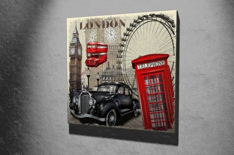 Canvastavla 45x45 cm - London-inspirerad stadsscen med en röd telefonkiosk och en klassisk bil - Röd / Svart / Beige - Inredning & dekor - Tavlor & konst - Canvastavla