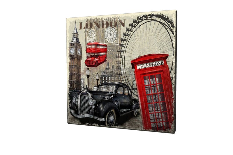 Canvastavla 45x45 cm - London-inspirerad stadsscen med en röd telefonkiosk och en klassisk bil - Röd / Svart / Beige - Inredning & dekor - Tavlor & konst - Canvastavla