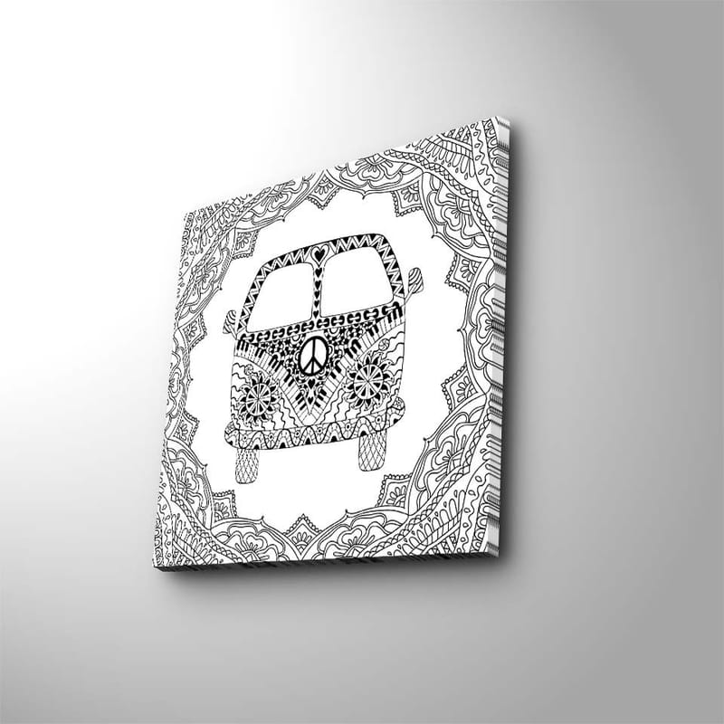 Canvastavla 45x45 cm - Mönstrad bil med fredssymbol omgiven av dekorativa former - Svart / Vitt - Inredning & dekor - Tavlor & konst - Canvastavla