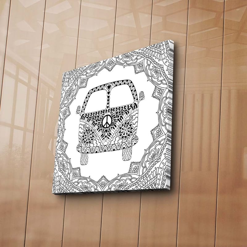 Canvastavla 45x45 cm - Mönstrad bil med fredssymbol omgiven av dekorativa former - Svart / Vitt - Inredning & dekor - Tavlor & konst - Canvastavla