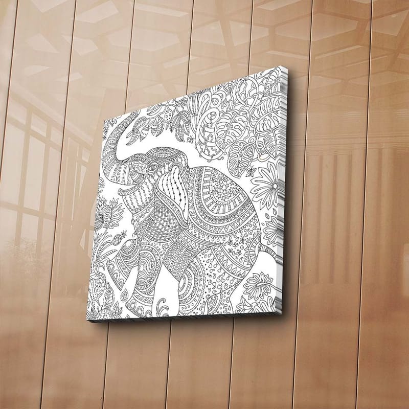 Canvastavla 45x45 cm - Mönstrad elefant omgiven av blommor och bladverk - Svart / Vitt - Inredning & dekor - Tavlor & konst - Canvastavla