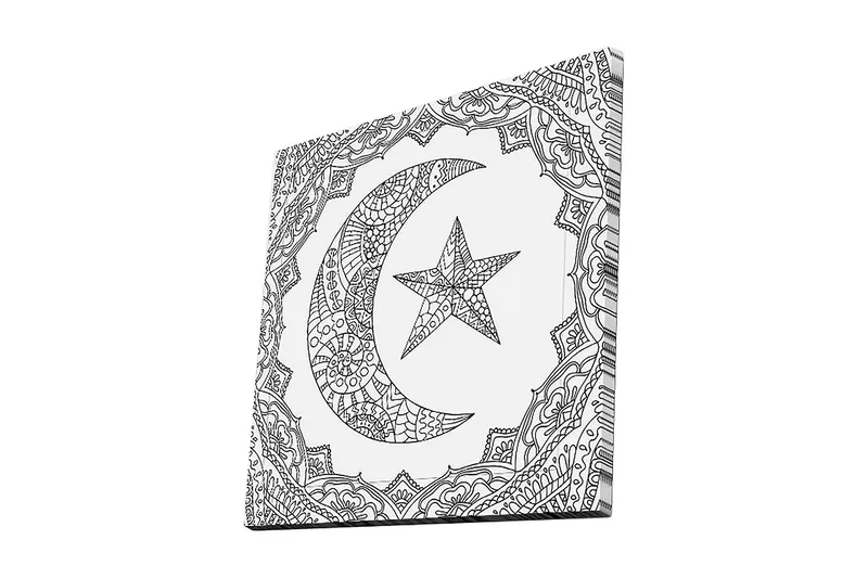 Canvastavla 45x45 cm - Mönstrad halvmåne och stjärna i en dekorativ ram, Svart / Vitt