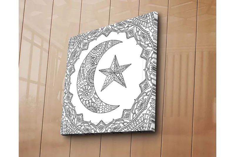 Canvastavla 45x45 cm - Mönstrad halvmåne och stjärna i en dekorativ ram - Svart / Vitt - Inredning & dekor - Tavlor & konst - Canvastavla