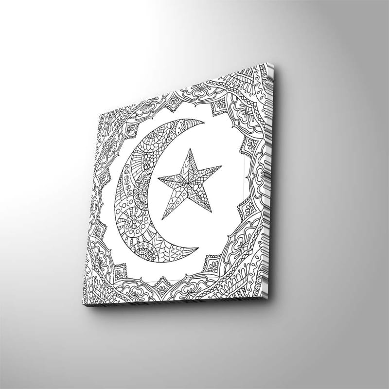 Canvastavla 45x45 cm - Mönstrad måne och stjärna i en dekorativ ram - Svart / Vitt - Inredning & dekor - Tavlor & konst - Canvastavla