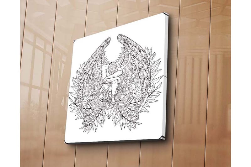 Canvastavla 45x45 cm - Mörk och detaljrik skulptur av en sittande figur omgiven av fjädrar och växtlighet - Svart / Vit - Inredning & dekor - Tavlor & konst - Canvastavla