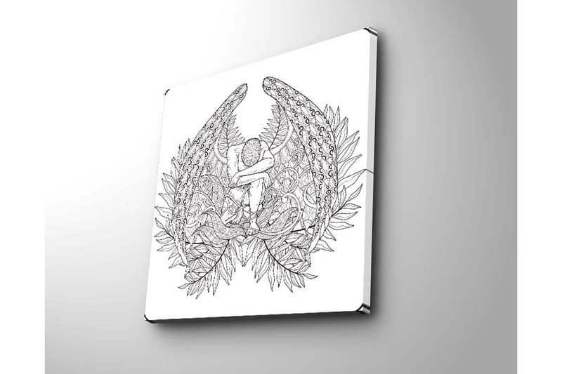 Canvastavla 45x45 cm - Mörk och detaljrik skulptur av en sittande figur omgiven av fjädrar och växtlighet - Svart / Vit - Inredning & dekor - Tavlor & konst - Canvastavla