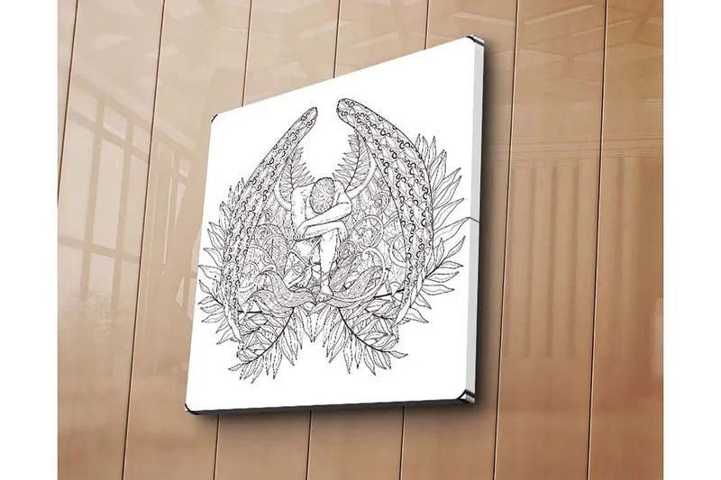 Canvastavla 45x45 cm - Mörk och detaljrik skulptur av en sittande figur omgiven av fjädrar och växtlighet - Svart / Vit - Inredning & dekor - Tavlor & konst - Canvastavla