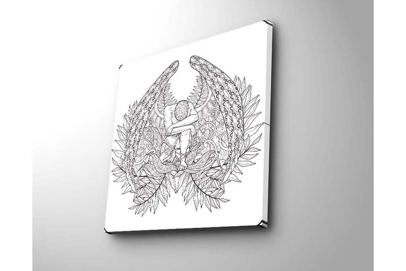 Canvastavla 45x45 cm - Mörk och detaljrik skulptur av en sittande figur omgiven av fjädrar och växtlighet - Svart / Vit - Inredning & dekor - Tavlor & konst - Canvastavla