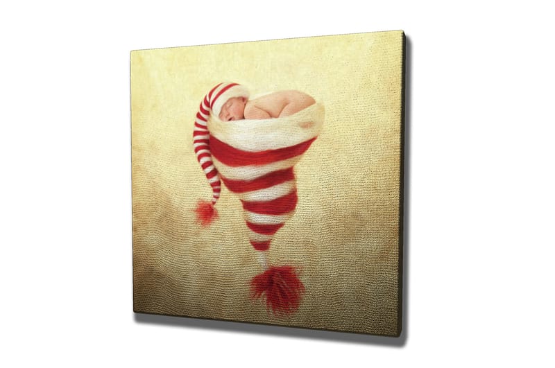 Canvastavla 45x45 cm - Nyfödd baby i en julig mössa med röd-vita ränder, Röd / Vit / Beige