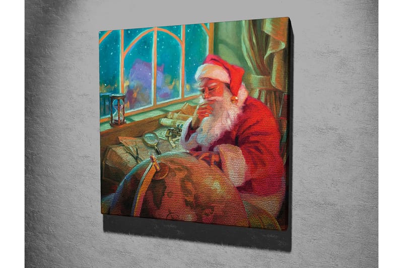 Canvastavla 45x45 cm - Reflekterande jultomte vid ett skrivbord med en glob och papper - Röd / Grön / Beige - Inredning & dekor - Tavlor & konst - Canvastavla