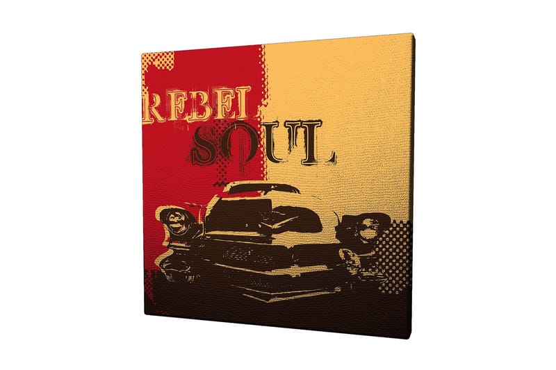 Canvastavla 45x45 cm - Retro bil med texten REBEL SOUL i en färgglad komposition, Röd / Gul / Svart