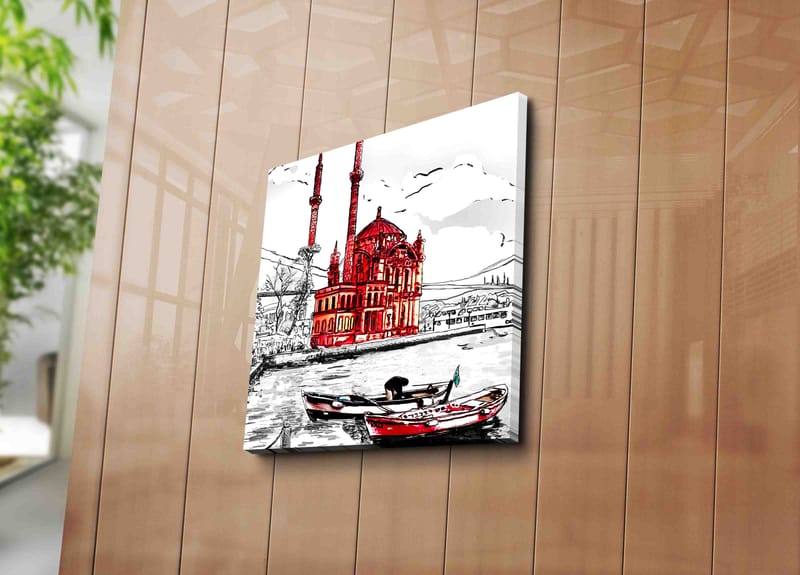 Canvastavla 45x45 cm - Röd moské vid vattnet med båtar i förgrunden - Röd / Svart / Vit - Inredning & dekor - Tavlor & konst - Canvastavla