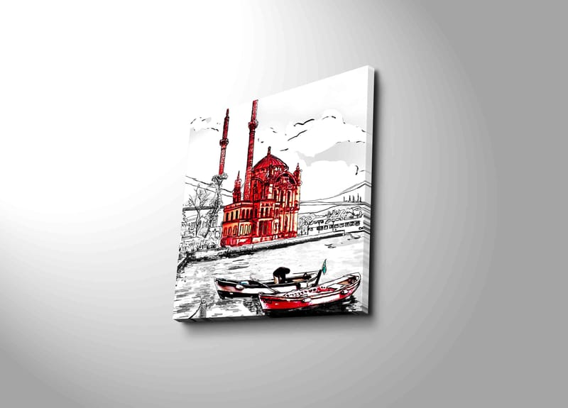 Canvastavla 45x45 cm - Röd moské vid vattnet med båtar i förgrunden - Röd / Svart / Vit - Inredning & dekor - Tavlor & konst - Canvastavla