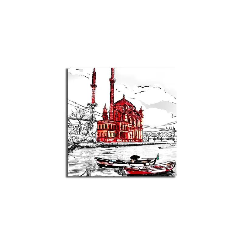 Canvastavla 45x45 cm - Röd moské vid vattnet med båtar i förgrunden, Röd / Svart / Vit
