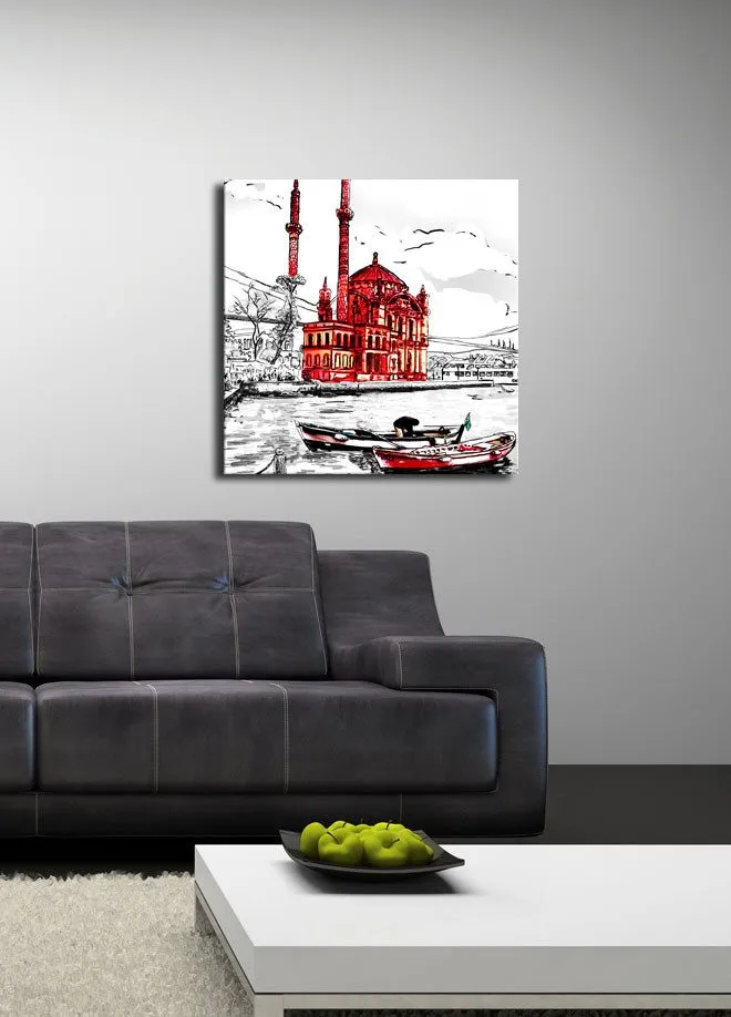 Canvastavla 45x45 cm - Röd moské vid vattnet med båtar i förgrunden - Röd / Svart / Vit - Inredning & dekor - Tavlor & konst - Canvastavla