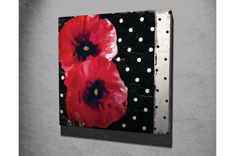 Canvastavla 45x45 cm - Röda blommor mot en svart bakgrund med vita prickar - Röd / Svart / Vit - Inredning & dekor - Tavlor & konst - Canvastavla